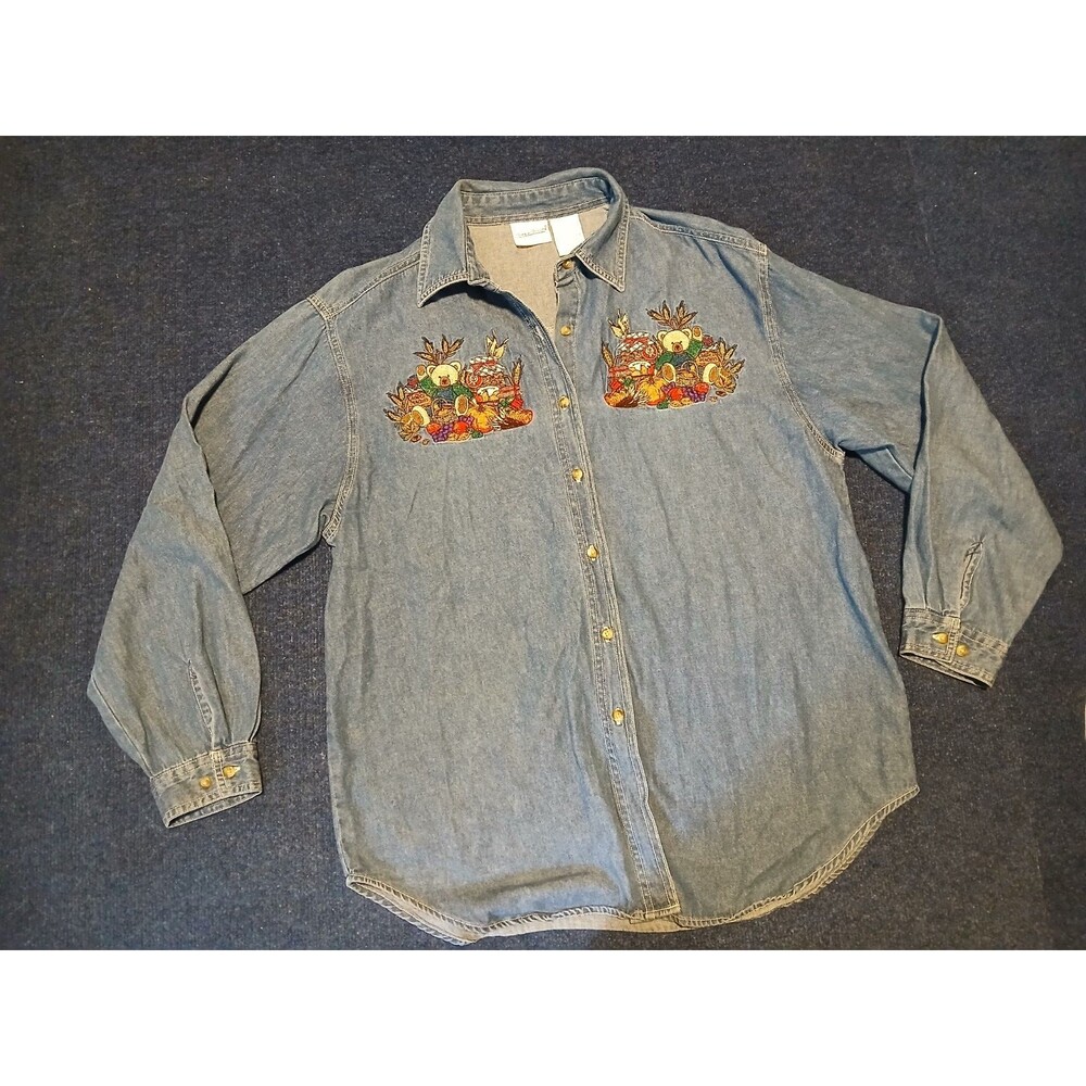 Vintage Bobbie Brooks  Ladies Jean Blouse Harvest Embroidery Bear Large 12/14
